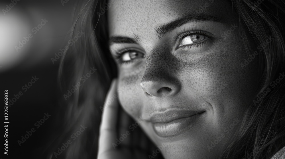 Smiling young woman portrait with freckles looking away in soft focus monochrome setting showcasing natural beauty and confidence Smiling young woman portrait with freckles looking away in soft focus monochrome setting showcasing natural beauty and confidence