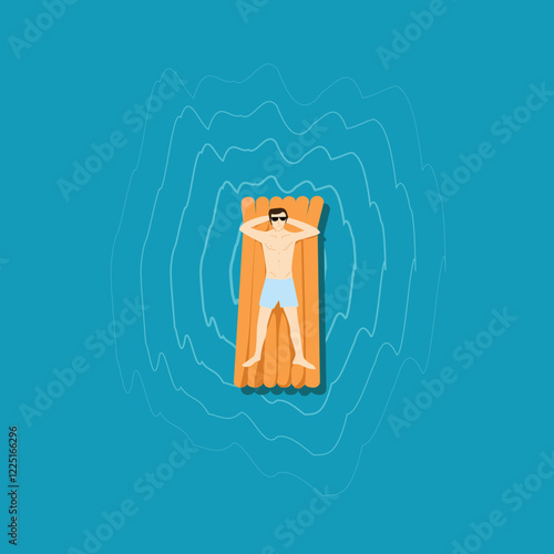 Relaxing men in floating water mattress, cartoon