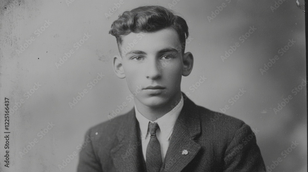 Obraz premium Black and white portrait of a young man in his twenties wearing a suit with a classic hairstyle against a neutral background