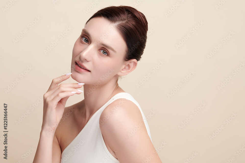 Beautiful young woman with clean fresh skin on beige background, Face care, Facial treatment, Cosmetology, beauty and spa, women portrait. Beautiful young woman with clean fresh skin on beige background, Face care, Facial treatment, Cosmetology, beauty and spa, women portrait.