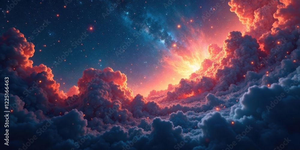 Celestial Cloudscape A Dreamlike Panorama of Illuminated Clouds and a Starry Night Sky Celestial Cloudscape A Dreamlike Panorama of Illuminated Clouds and a Starry Night Sky