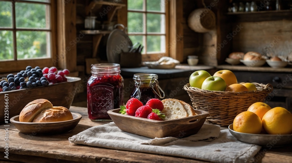 Rustic Kitchen Still Life with Jars of Homemade Jam Fresh Strawberries Apples and Wooden Bowls Rustic Kitchen Still Life with Jars of Homemade Jam Fresh Strawberries Apples and Wooden Bowls
