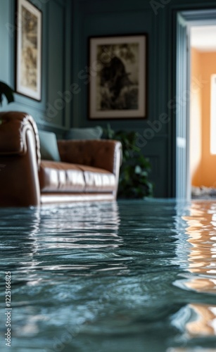 Flooded Room with Leather Furniture and a Plant