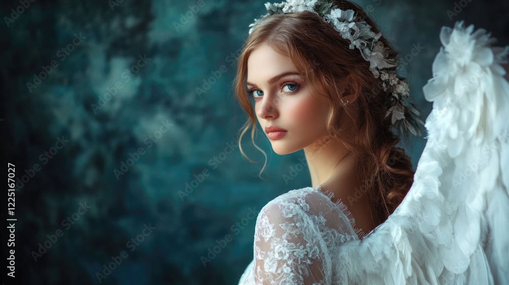 Naklejka premium Wedding Portrait of a Bride with Angel Wings in a Studio Setting Surrounded by Soft Blue and Green Background Lighting