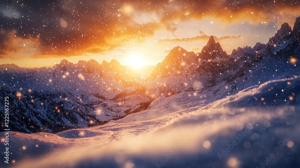 Dramatic sunset over snow-covered mountains with falling snowflakes. Dramatic sunset over snow-covered mountains with falling snowflakes.