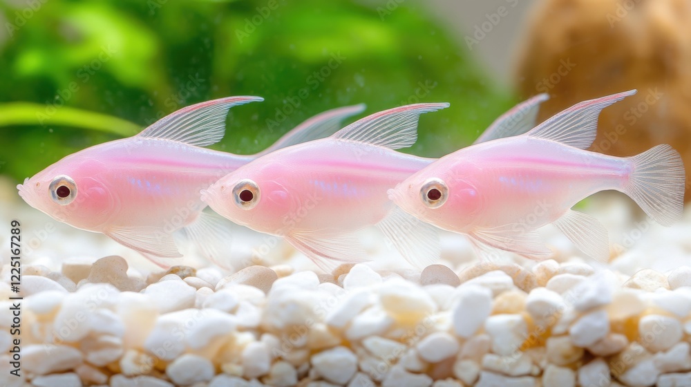 Obraz premium Vibrant pink tetra fish trio swimming in a dreamy aquarium with lush background