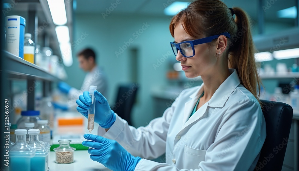 Female scientist in a lab coat examining a test tube in a laboratory setting with focus and concentration Female scientist in a lab coat examining a test tube in a laboratory setting with focus and concentration