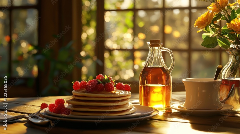 Sunlit breakfast pancakes with raspberries and syrup. Sunlit breakfast pancakes with raspberries and syrup.