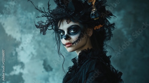 Gothic woman in dark witch costume with intricate face makeup and elaborate headpiece posed in studio setting against textured backdrop photo