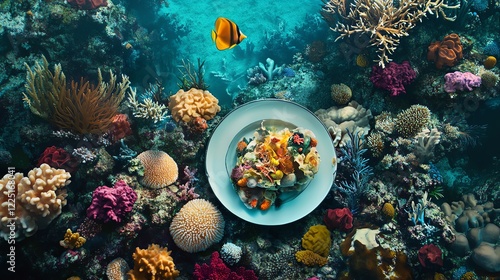 Fototapeta Naklejka Na Ścianę i Meble -  Vibrant coral reef scene with a plate of seafood, showcasing underwater beauty and culinary delights.  A stunning juxtaposition of nature and food.