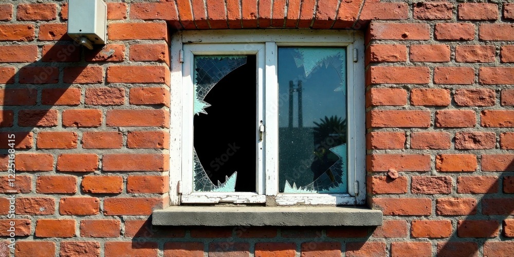 A weathered windowpane with shattered glass, nestled within a brick wall, revealing a glimpse of the exterior beyond A weathered windowpane with shattered glass, nestled within a brick wall, revealing a glimpse of the exterior beyond
