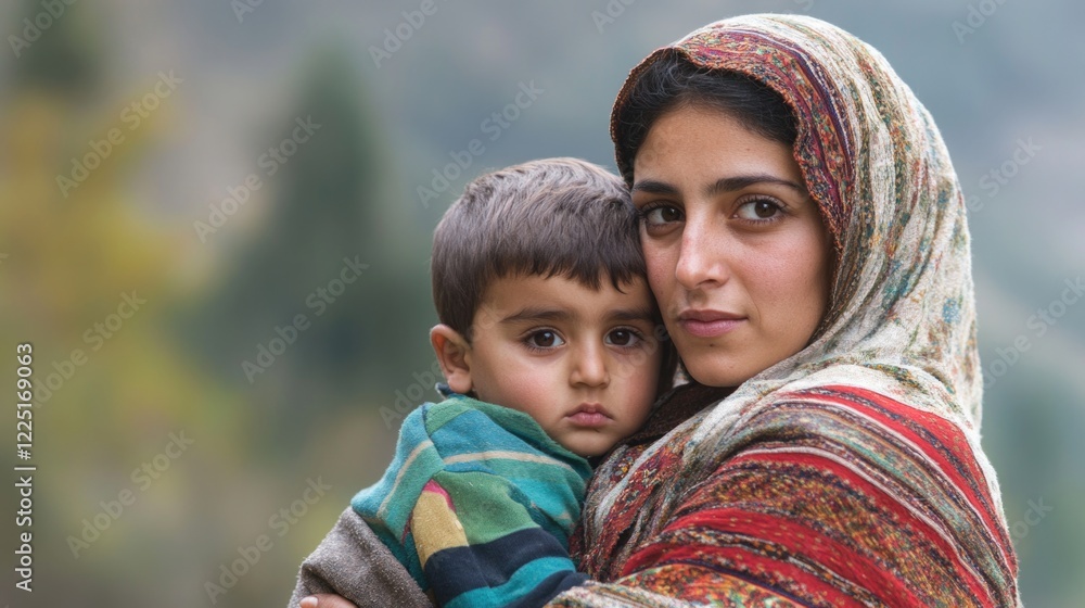 Mother and child embrace with warm expressions in a serene outdoor setting, showcasing rich colors of nature and traditional attire. Mother and child embrace with warm expressions in a serene outdoor setting, showcasing rich colors of nature and traditional attire.