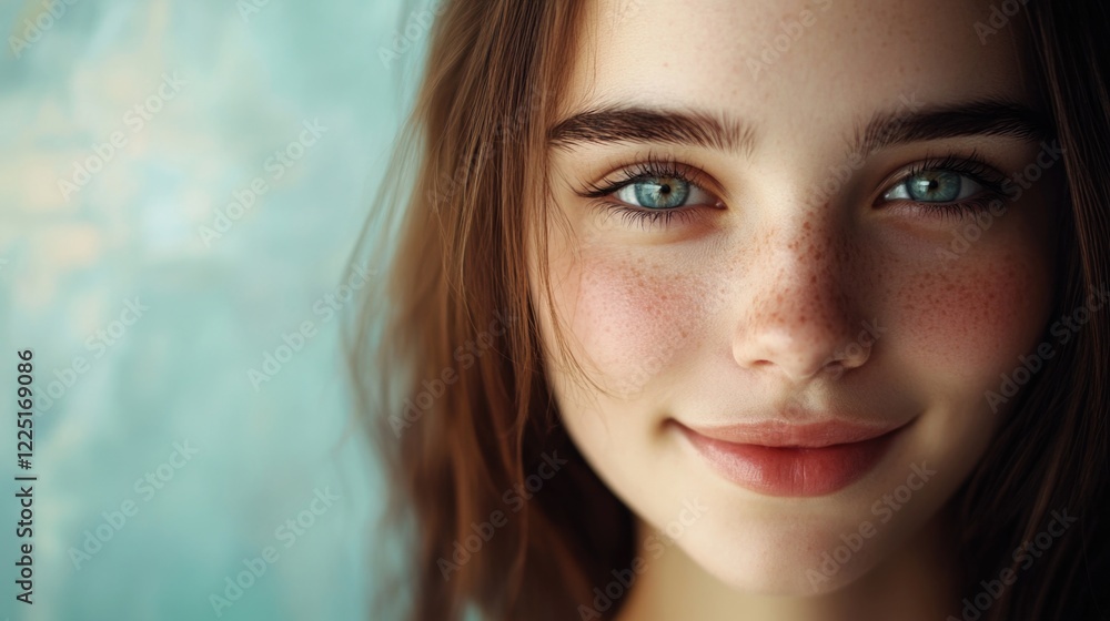 Obraz premium Closeup portrait of a young woman with freckled skin and blue eyes smiling against a soft blue background in a studio setting