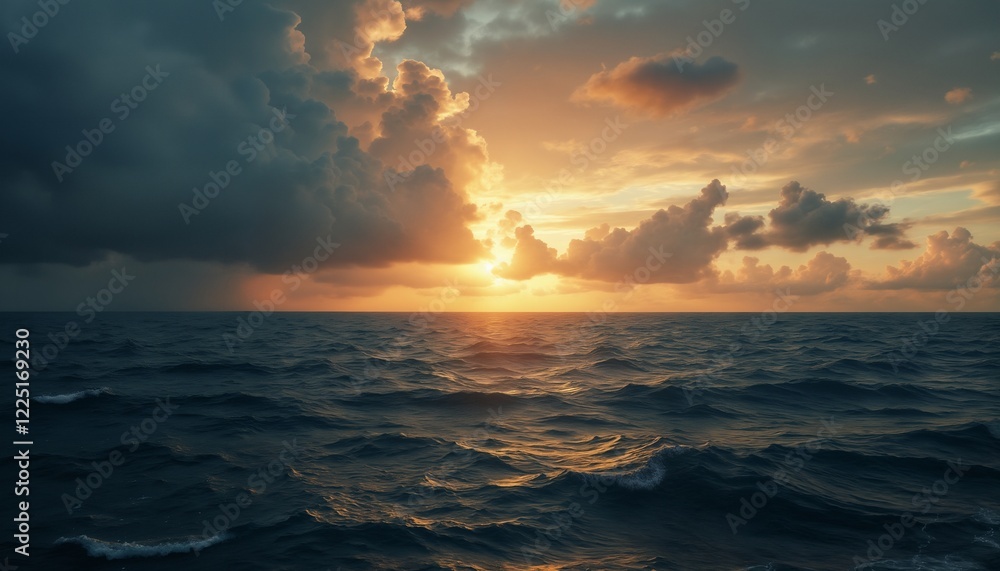 Fototapeta premium an impressive seascape, beautiful waves in the ocean at sunset, the sunlight of the setting sun on the horizon breaking through the clouds of the dramatic sky