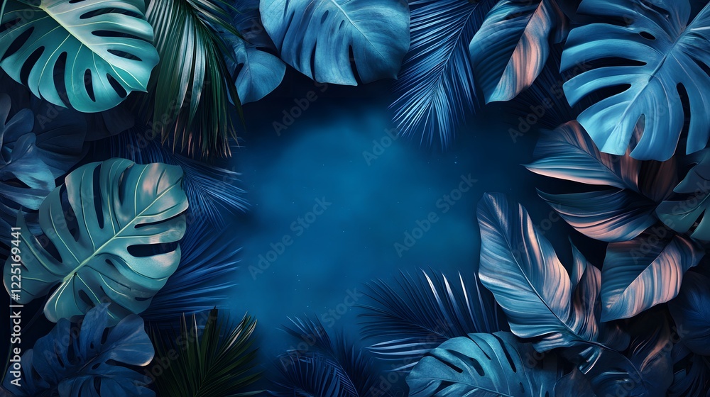 Collection of tropical leaves,foliage plant in blue color with space background Collection of tropical leaves,foliage plant in blue color with space background
