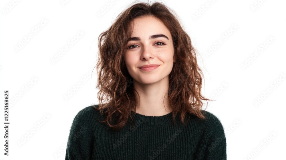 Smiling young woman with wavy brown hair wearing a casual dark green sweater standing against an isolated white background in a thoughtful pose Smiling young woman with wavy brown hair wearing a casual dark green sweater standing against an isolated white background in a thoughtful pose