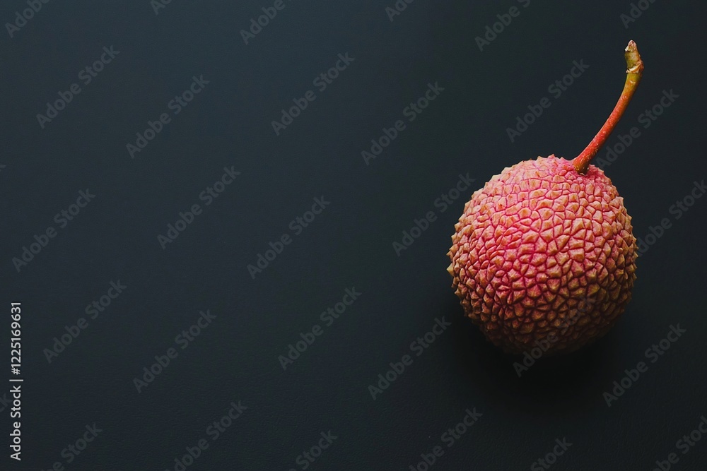A close-up of a single lychee fruit on a dark background, highlighting its textured skin and vibrant color A close-up of a single lychee fruit on a dark background, highlighting its textured skin and vibrant color
