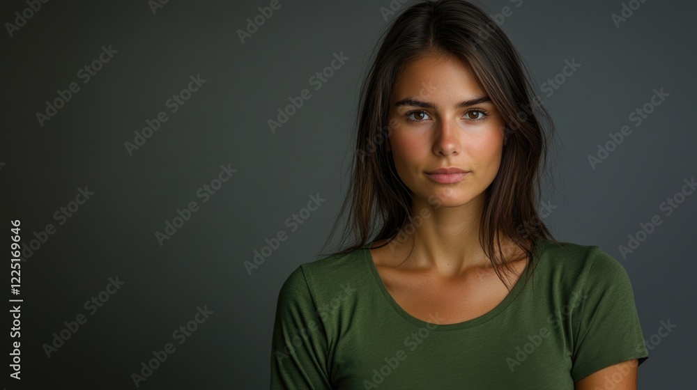 Young beautiful woman with long dark hair wearing green shirt posing against a soft grey backdrop exhibiting a relaxed and serious expression.