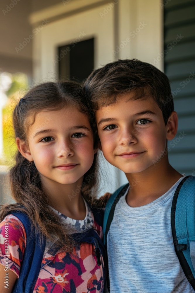Friendly Young Travelers - Two Kids Posing for a Memorable Photo in Front of a House. Friendly Young Travelers - Two Kids Posing for a Memorable Photo in Front of a House.