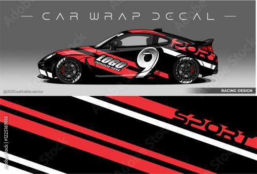 Sport car wrap design. livery decal with black red colour. Sticker car vinyl suitable for racing, rally or daily use