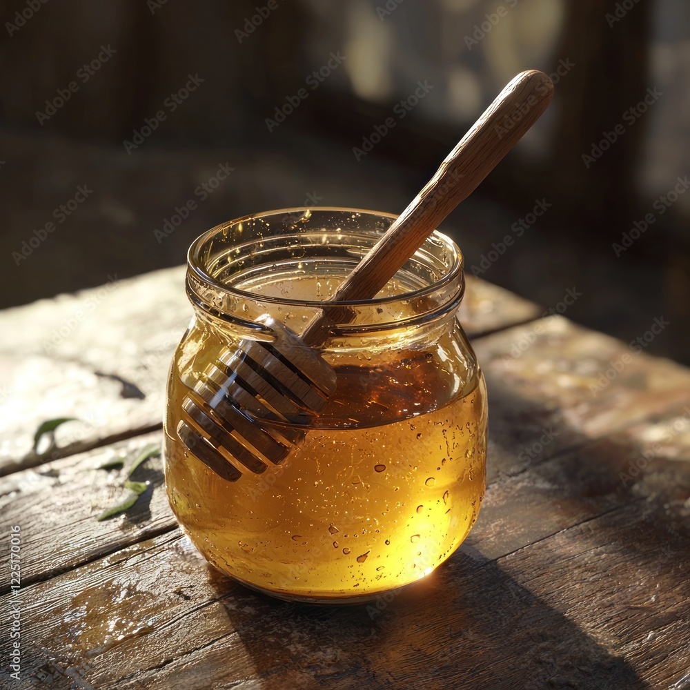 Golden honey in glass jar with wooden dipper on rustic wood. Golden honey in glass jar with wooden dipper on rustic wood.