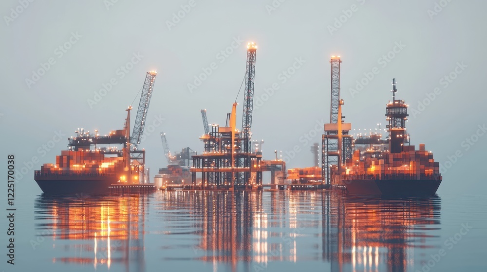 Shipping ports, automation and cargo cranes, 3D illustration. Shipping ports, automation and cargo cranes, 3D illustration.