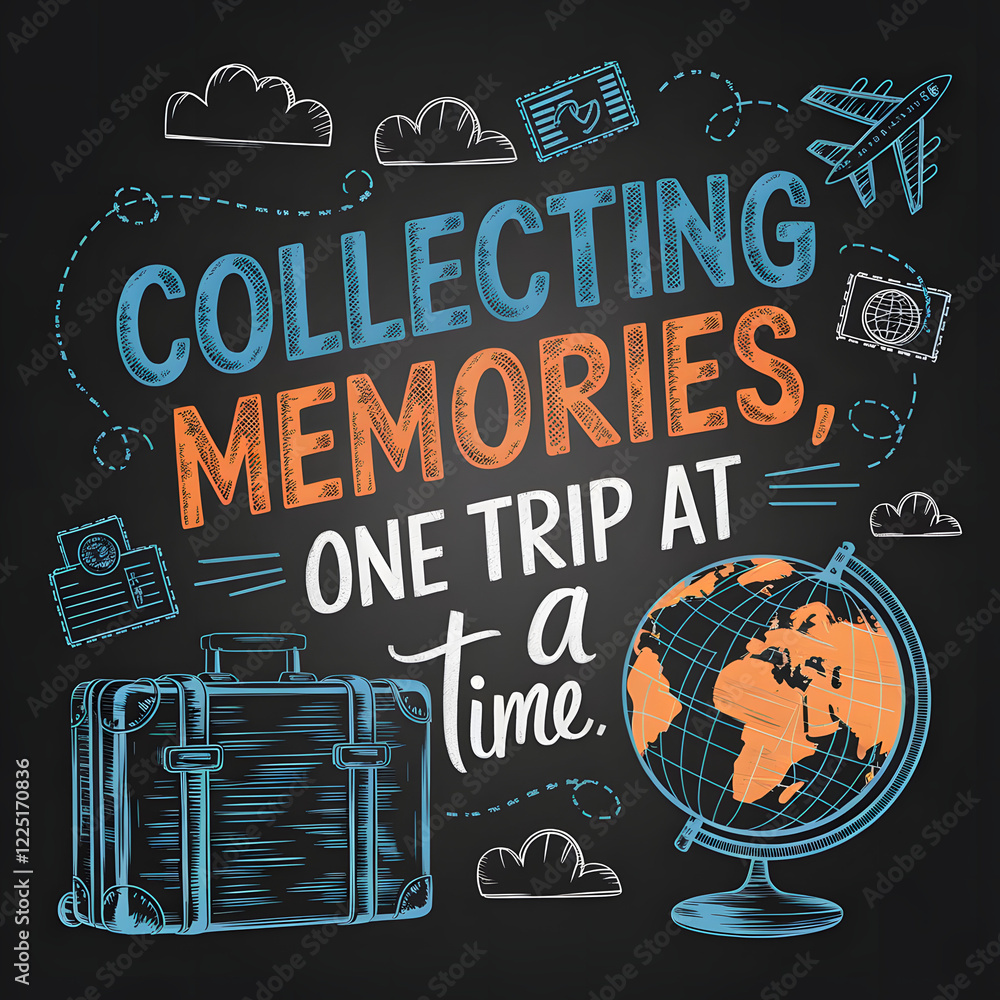 Fototapeta premium Colorful chalkboard travel design with suitcase, globe, and airplane 