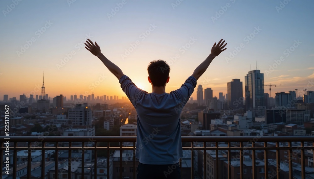 Man Celebrating Sunrise Over City Skyline Arms Raised in Joy Urban Freedom Man Celebrating Sunrise Over City Skyline Arms Raised in Joy Urban Freedom