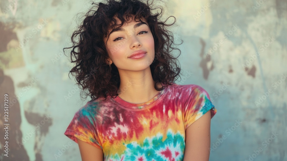 Fototapeta premium Brunette young woman with curly hair in vibrant tie-dye t-shirt smiling and gazing thoughtfully outdoors against a textured background