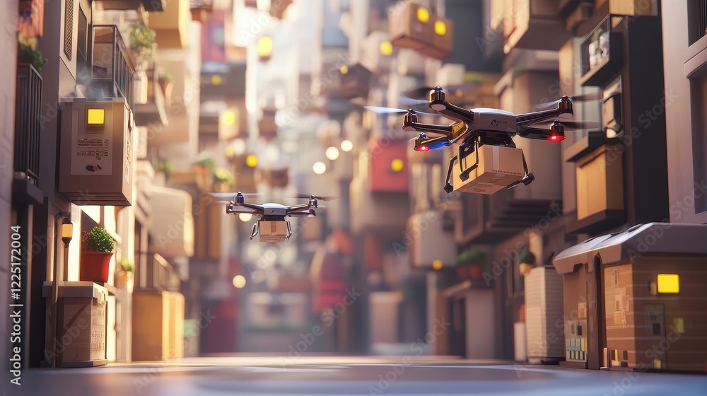 Obraz premium Smart logistics, drones delivering packages, 3D illustration.