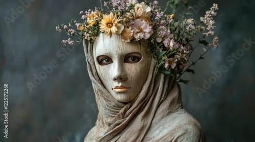 Young woman with floral mask and wooden corb adorned with wildflowers against a soft gray background, showcasing artistry and nature. photo