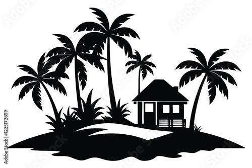 Tropical island and beach house silhouette black and white