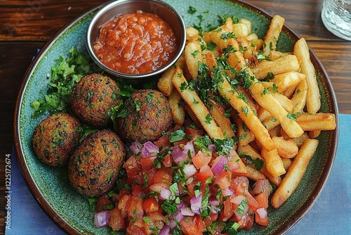 A flavorful plate featuring fried chickpea balls crispy fries and vibrant salsa photo