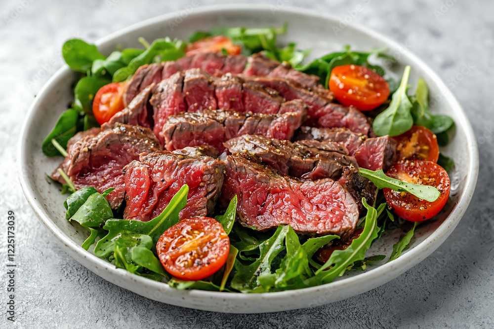 Sliced grilled steak served on a plate with fresh arugula and cherry tomatoes, creating a vibrant meal Sliced grilled steak served on a plate with fresh arugula and cherry tomatoes, creating a vibrant meal