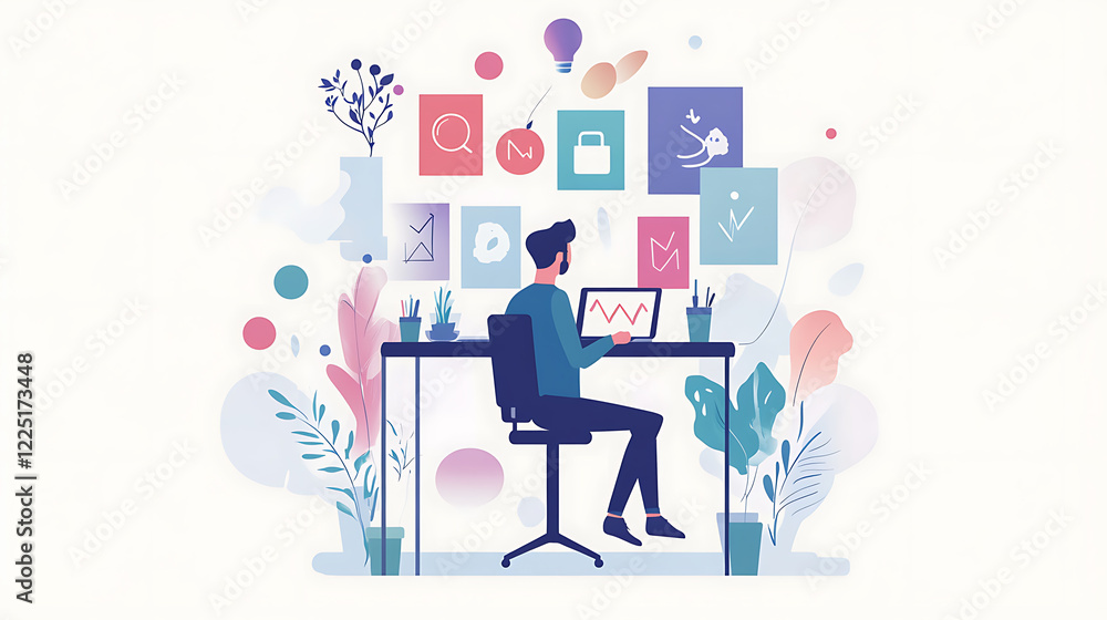 Professional working at a stand-up desk surrounded by motivational decor Professional working at a stand-up desk surrounded by motivational decor