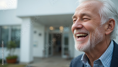 Senior smiling after health insurance coverage approval with relief and happiness. Medical plan photo