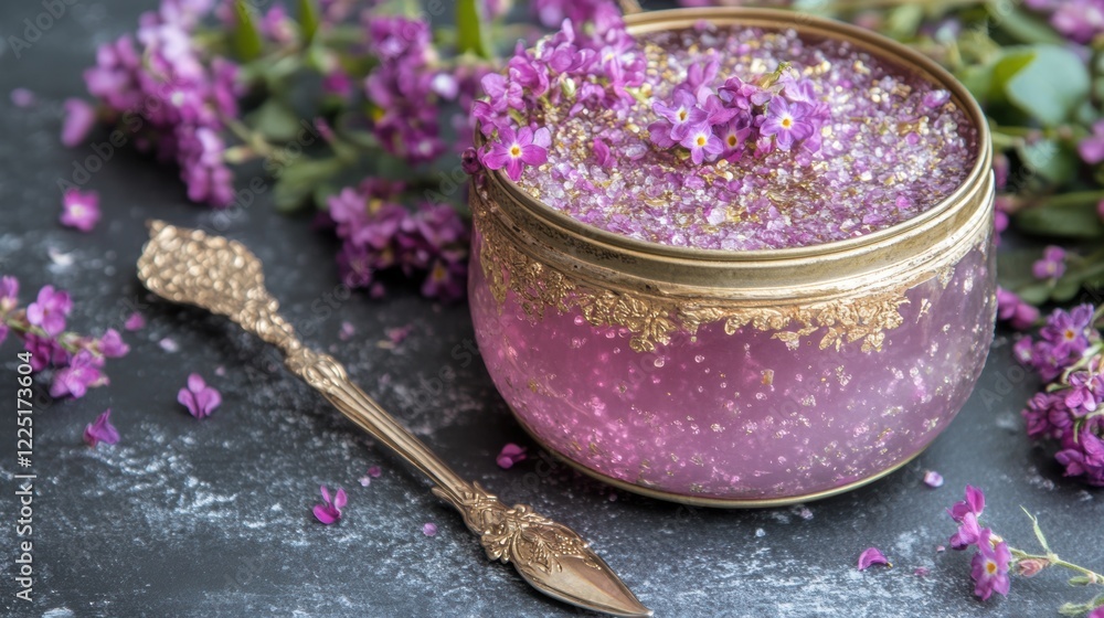 Luxurious lavender bath salt with floral accents in ornate bowl on rustic surface Luxurious lavender bath salt with floral accents in ornate bowl on rustic surface