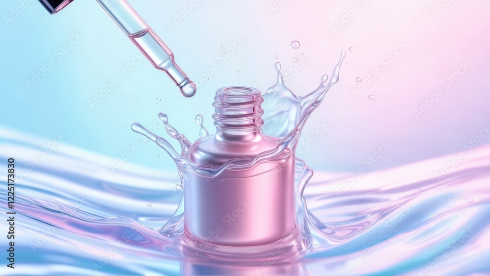 Droplet falling into water with a cosmetic bottle in vibrant colors at sunset Droplet falling into water with a cosmetic bottle in vibrant colors at sunset