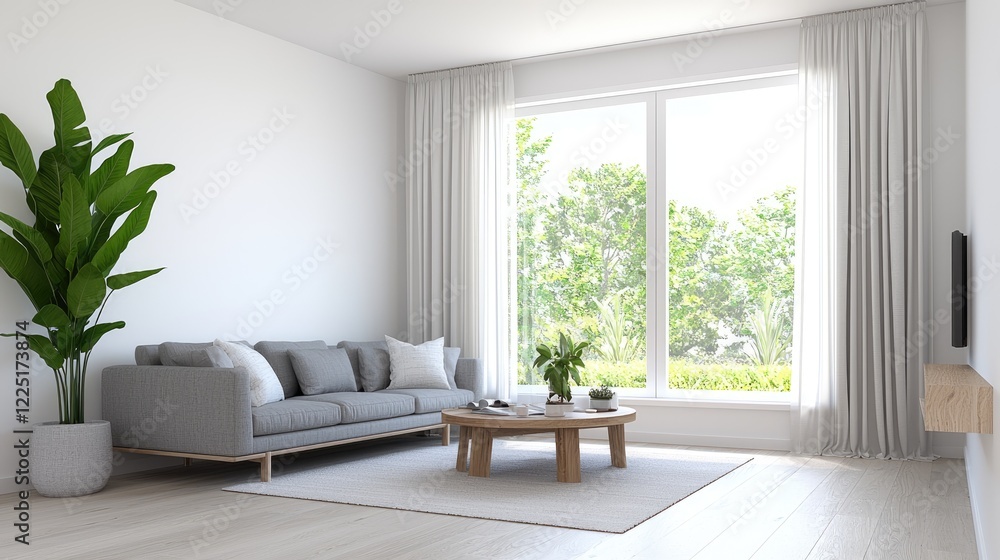 Fototapeta premium Modern living room with large window, garden view, minimalist design, home interior