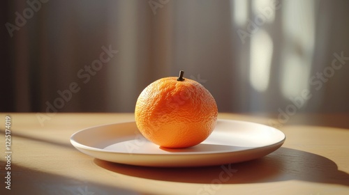 Single orange on a plate in sunlight.