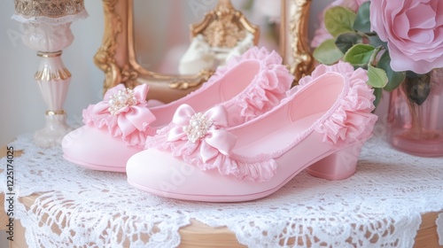 Elegant pink lolita shoes with lace and bow details on vintage dresser
