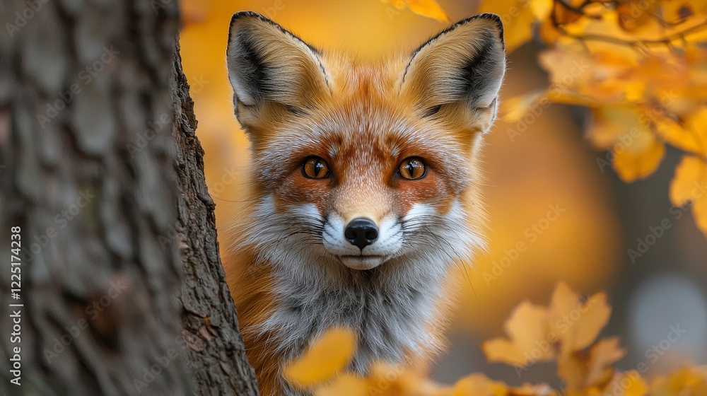 A captivating red fox peers from behind a tree with vibrant autumn foliage, highlighting its striking features and intense gaze. A captivating red fox peers from behind a tree with vibrant autumn foliage, highlighting its striking features and intense gaze.