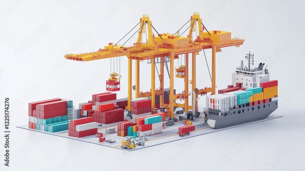Smart port technology, cranes and container stacks, 3D illustration. Smart port technology, cranes and container stacks, 3D illustration.