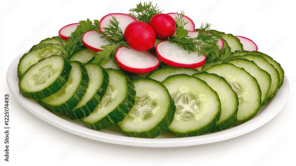 Freshly Sliced Cucumbers and Radishes on a Decorative Plate Garnished with Herbs Freshly Sliced Cucumbers and Radishes on a Decorative Plate Garnished with Herbs