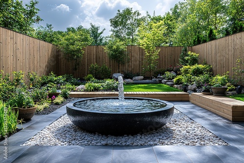 Serene backyard oasis featuring a tranquil water fountain meticulously landscaped garden and wooden seating