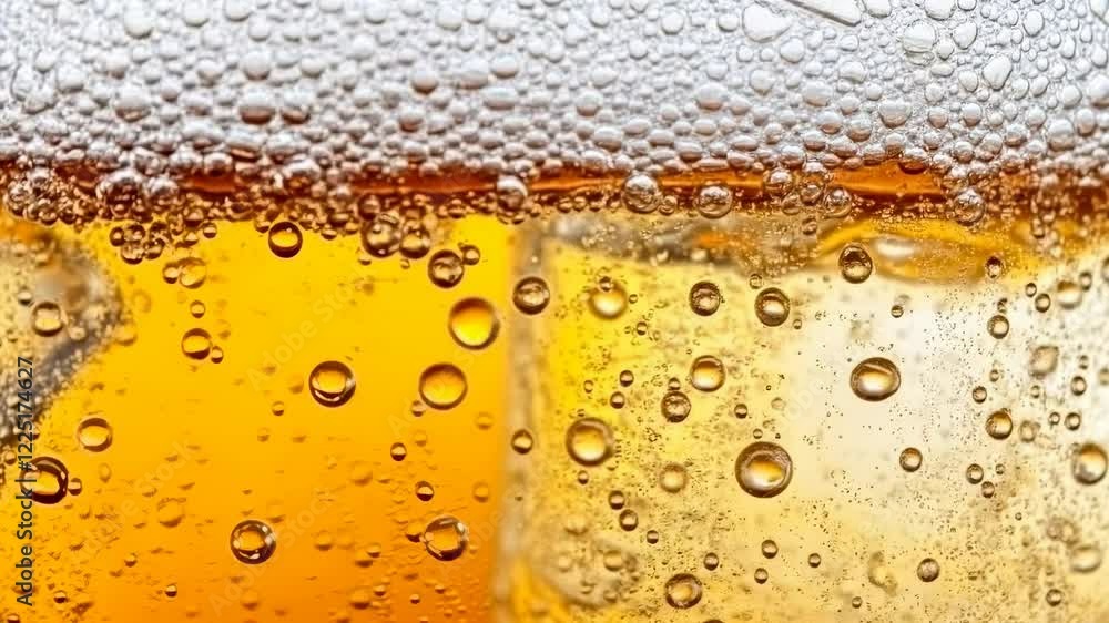 Close up view of amber liquid with ice cubes, numerous bubbles rising, and frothy head. Detailed texture and color gradients are visible Close up view of amber liquid with ice cubes, numerous bubbles rising, and frothy head. Detailed texture and color gradients are visible
