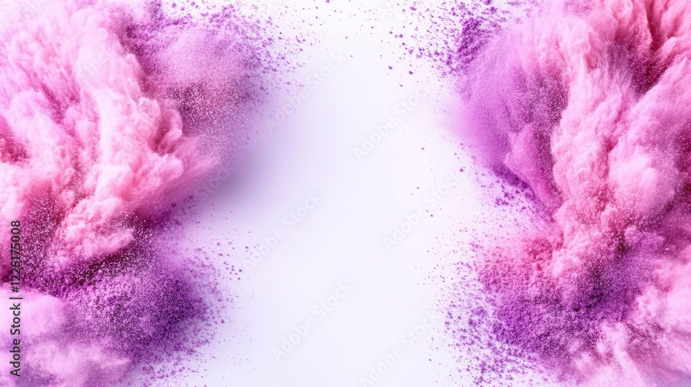 Fototapeta premium Vibrant pink and purple powder explosion on white background for energetic design