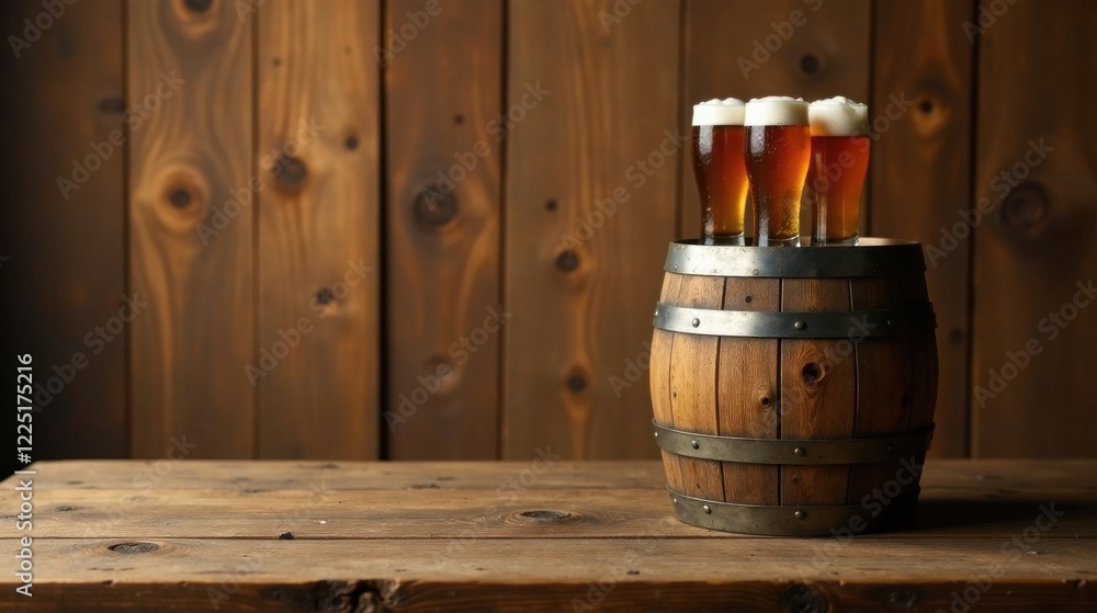 Three Frothy Glasses of Ale Resting Atop a Rustic Wooden Barrel Against a Weathered Wood Background Three Frothy Glasses of Ale Resting Atop a Rustic Wooden Barrel Against a Weathered Wood Background