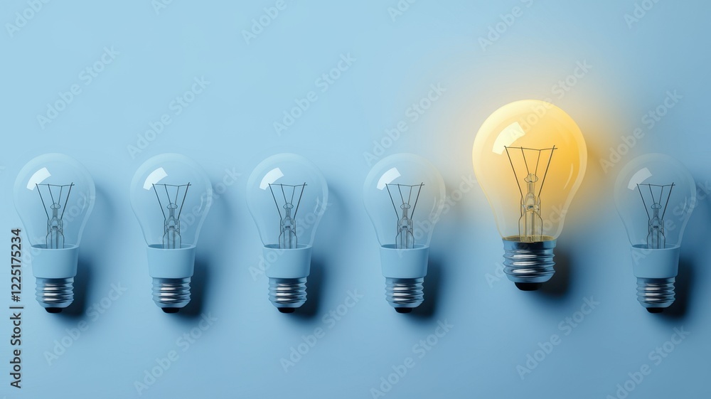 Light bulb concept showcasing innovation and creativity with one glowing bulb Light bulb concept showcasing innovation and creativity with one glowing bulb