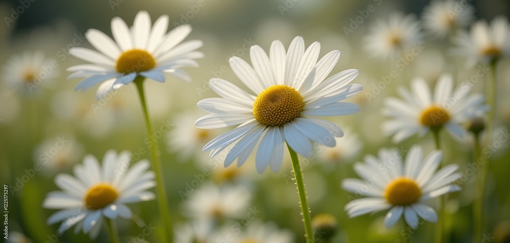 Fototapeta premium Field of White Daisies with Yellow Centers in Sunlight creating a bright atmosphere